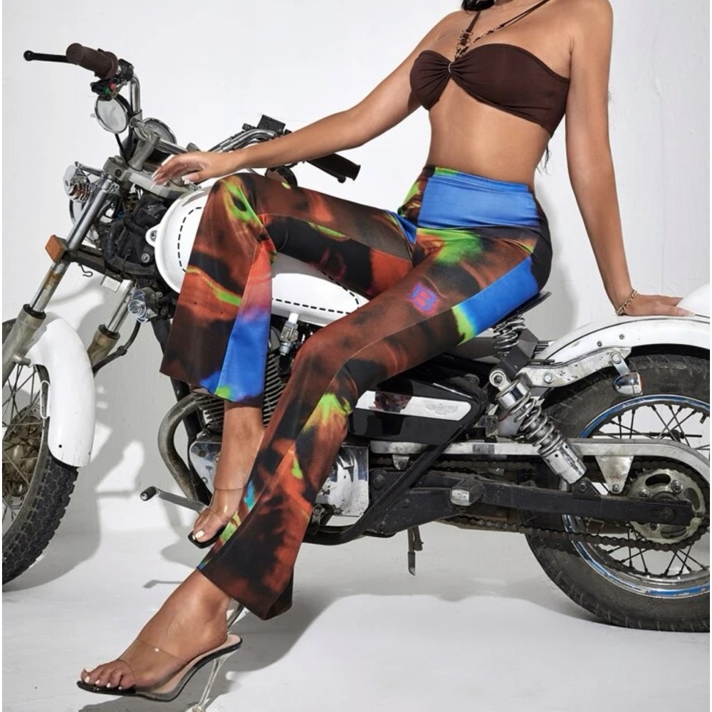 New Womans Tye Dye Multicolour Splash Print High Waist Stretchy Flare Leg Pants - Picture 3 of 9